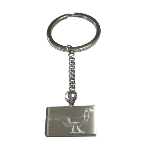 Silver Toned Rectangular Etched Pheasant Bird Pendant Keychain - Picture 1 of 2